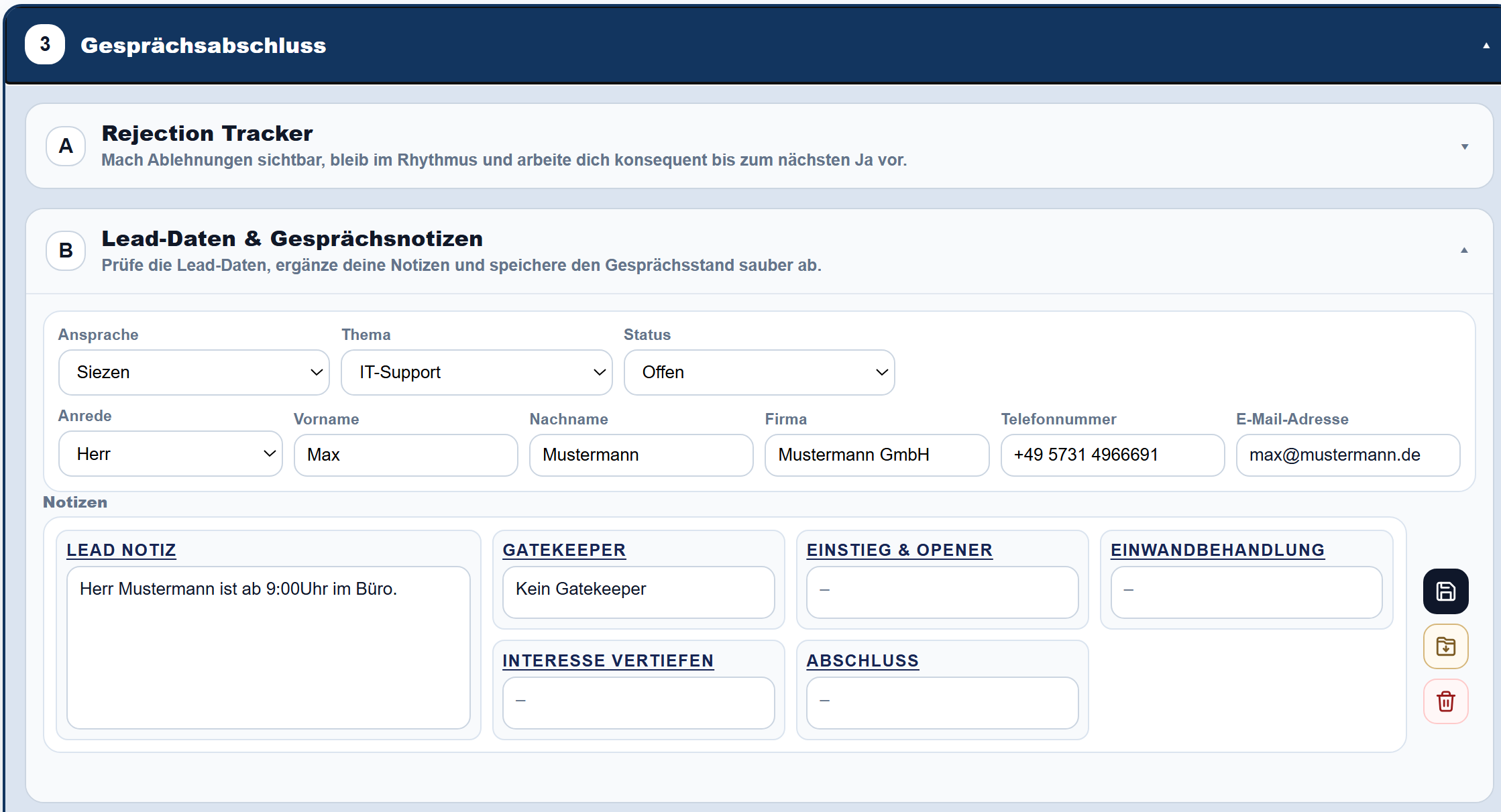 Abschluss im Akquise Manager mit Lead-Daten, Status und Gesprächsnotizen für die einzelnen Gesprächsphasen.