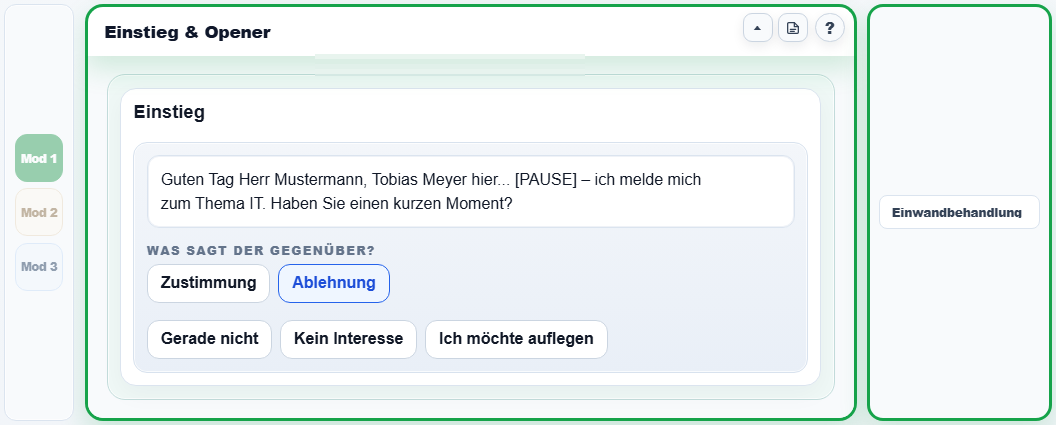Geführter Gesprächsablauf im Akquise Manager mit dem Bereich Einstieg und Opener.