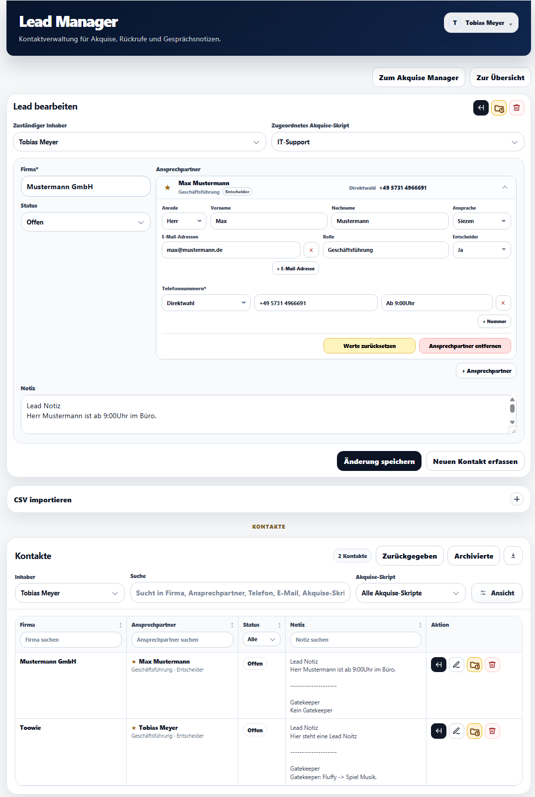 Lead Manager mit Bearbeitung eines Leads, Kontaktdaten, Ansprechpartnern und Gesprächsnotizen.