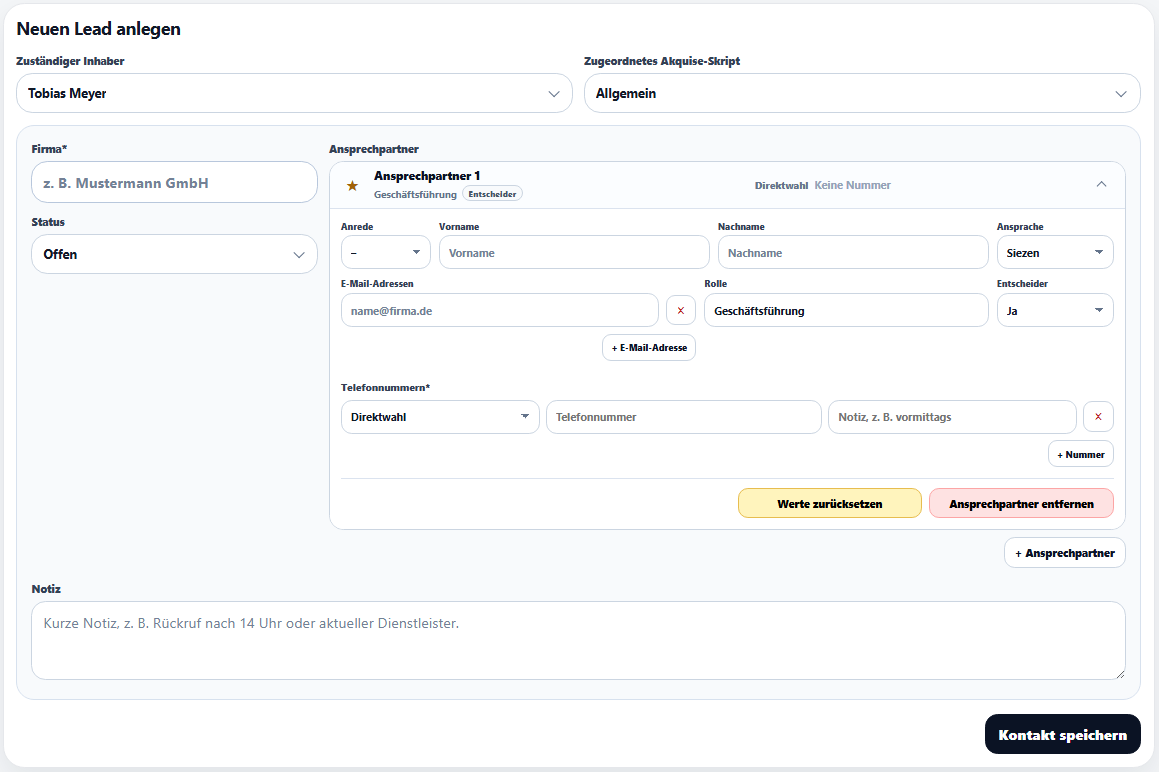 Lead Manager mit geöffnetem Kontaktformular für Unternehmen, Ansprechpartner, Kontaktdaten, Status und Notizen.