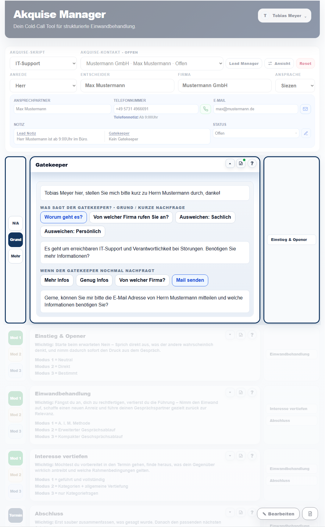 Gatekeeper-Bereich im Akquise Manager mit vorbereiteten Antworten auf typische Rückfragen.